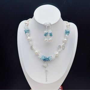 X519 Handmade Freshwater Baroque Pearl Aqua Marine Necklace Earrings Set